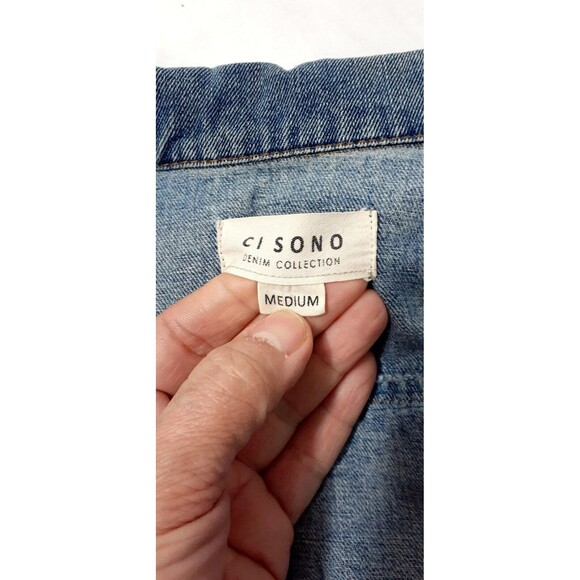 Cisono Denim Jacket Women's Medium   Blue Solid Long Sleeves distressed #1 - Picture 8 of 8